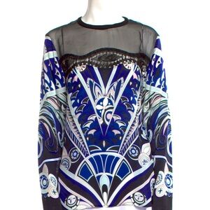 Emilio Pucci Blue multi Printed Silk Lace Detail Blouse